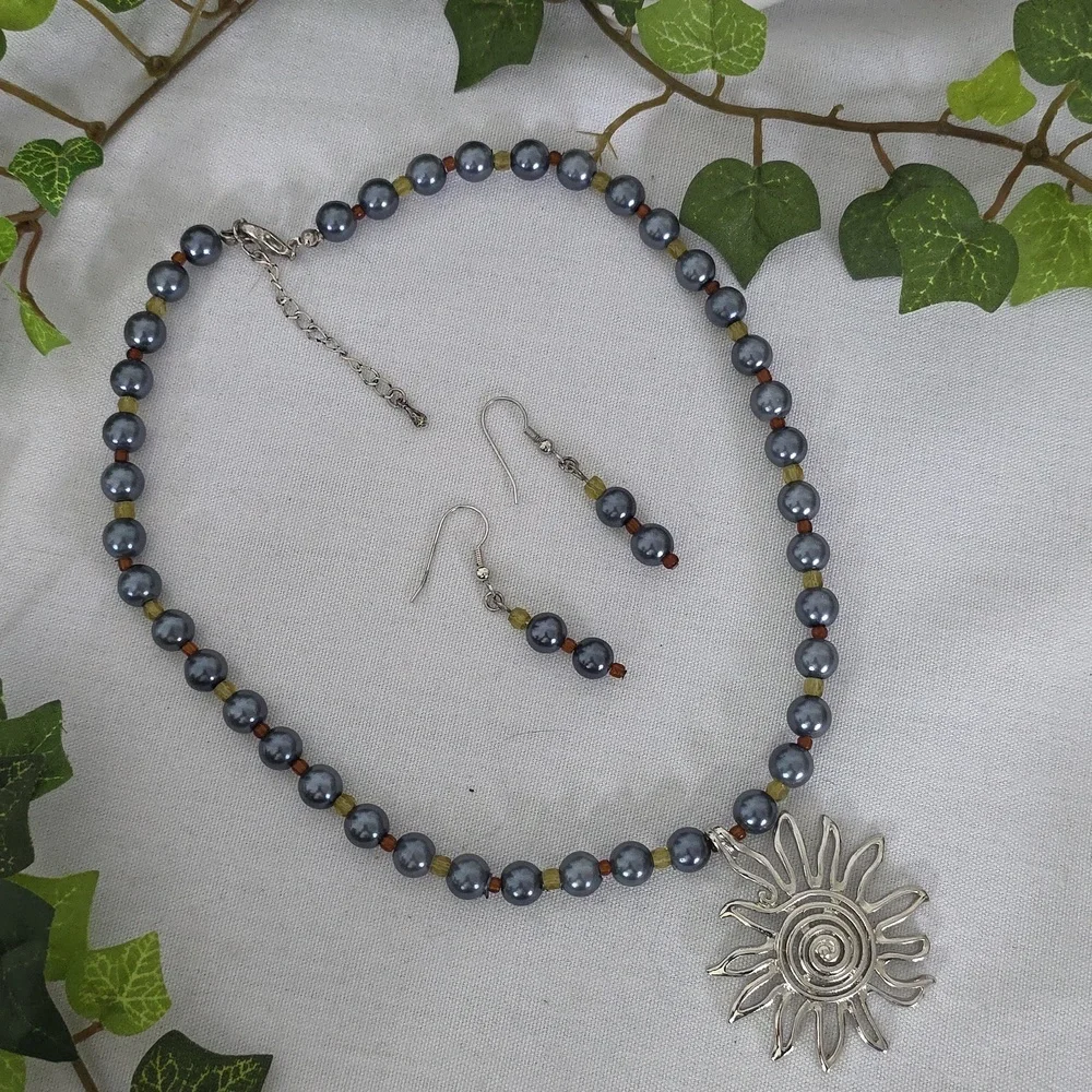 Natural Stone Hematite Necklace with Sun Pendant and Earrings Set